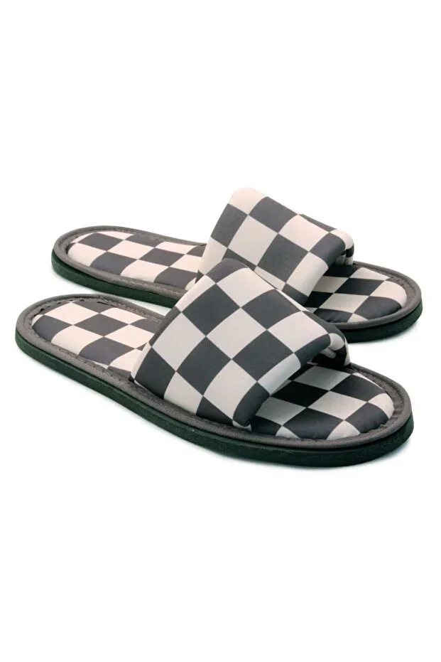 Men's Black and White Checkered Open-Front Soft-Sole House Slippers