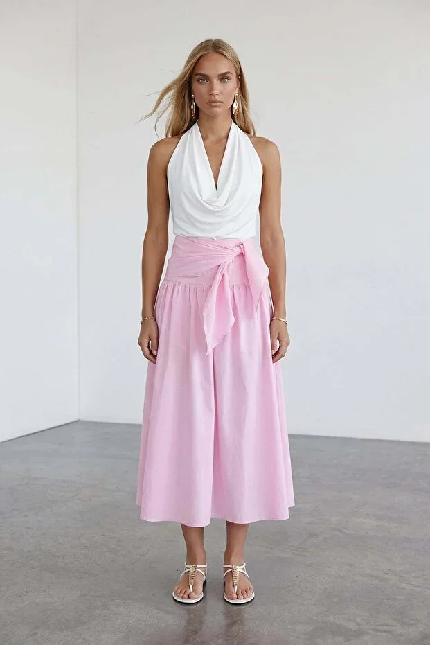 Pink Belted Zip Lined Midi Poplin Skirt Alc-X15519