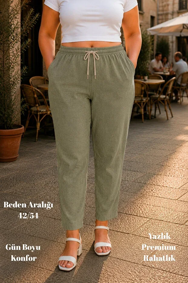 CEDY DENIM Women's Summer Khaki Synthetic Linen-Look High Waist Slim Leg Lace-Up Plus Size Mom Jeans