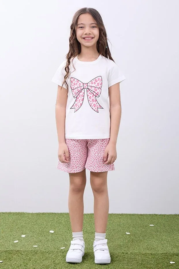 Girl's T-shirt and Shorts Set with Leopard Print Bow Print Ecru-Pink