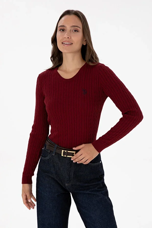 Women's Burgundy Crew Neck Basic Sweater 50313626-VR014