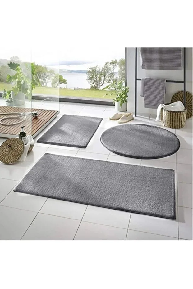 3-Piece Bath Mat Rug Plush Carpet Toilet Set Dark Gray 50x90-50x60--50x50(ROUND)