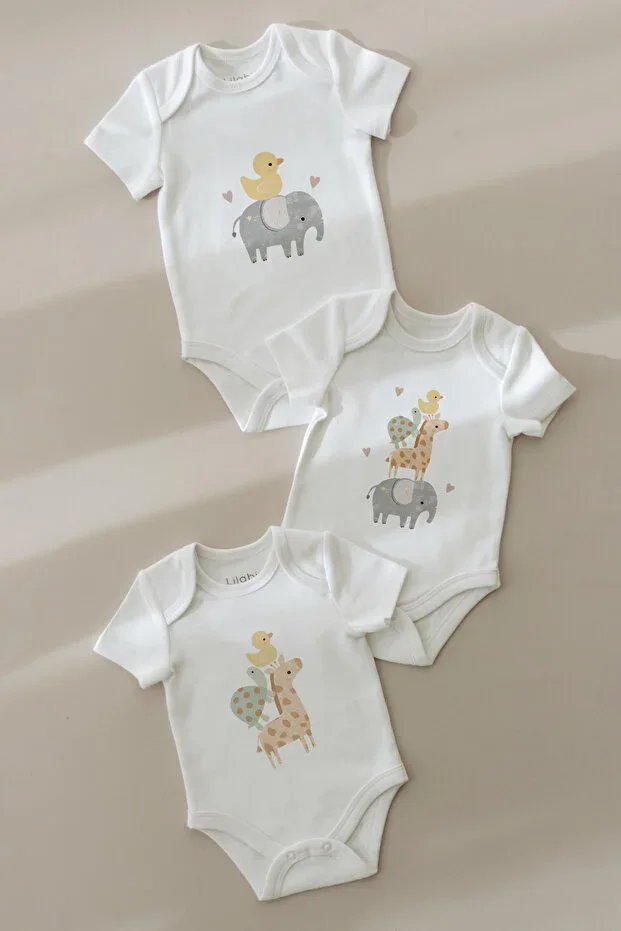 %100 Organic Cotton 3-Pack Printed Short Sleeve Baby Bodysuit Elephant