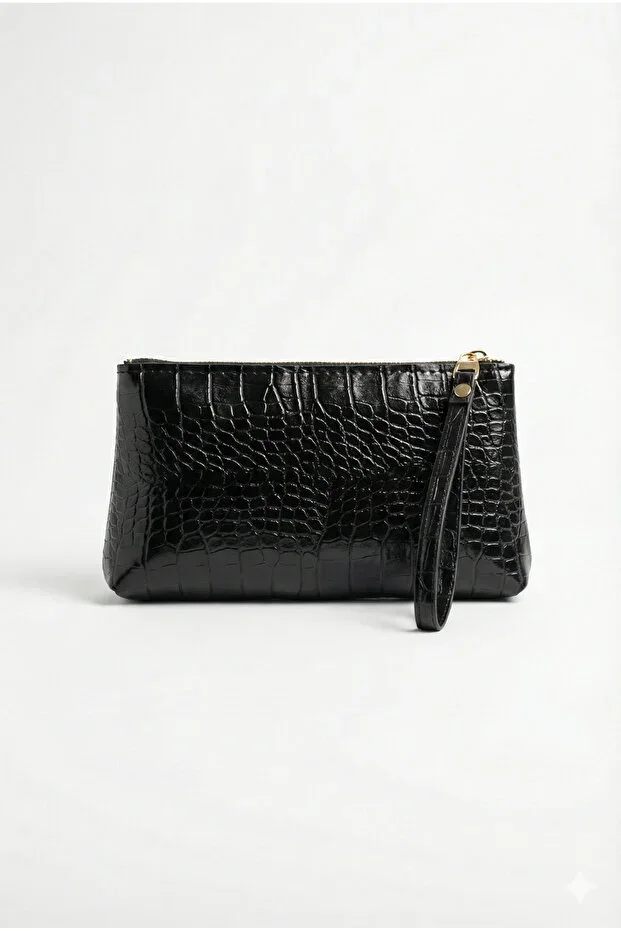Women's Black Crocodile Effect Portfolio Handbag