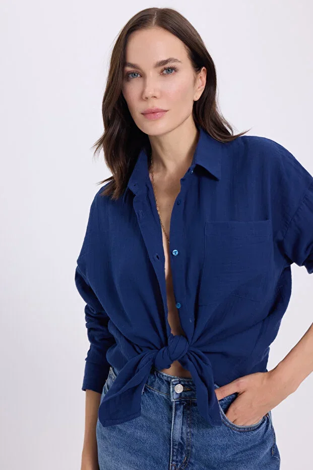 Tudors Women's Oversize Wide Fit 100% Cotton Muslin Fabric Long Sleeve Pocket Textured Navy Shirt