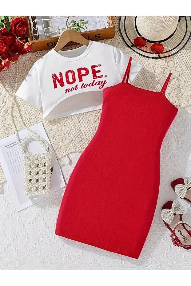 COTTON NOPE NOT TODAY PRINTED WHITE CROP SWEAT - RED DRESS
