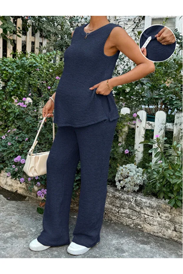 Maternity and Postpartum Adjustable Waist Detail Sleeveless Bubble Fabric Top-Bottom Set