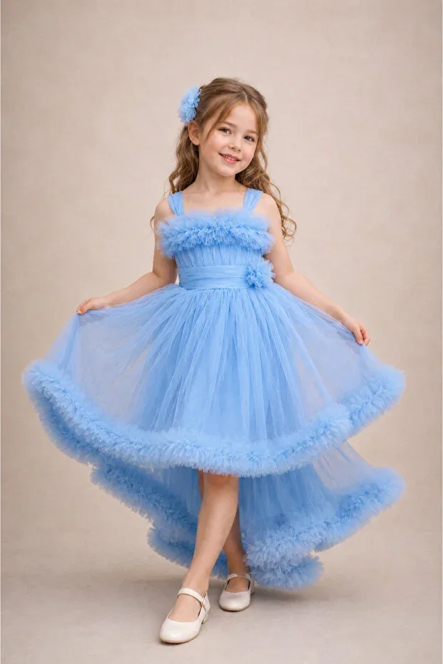Girls Princess Tail Dream Tulle Blue Evening Dress – Special Design – Wedding & Birthday & Prom