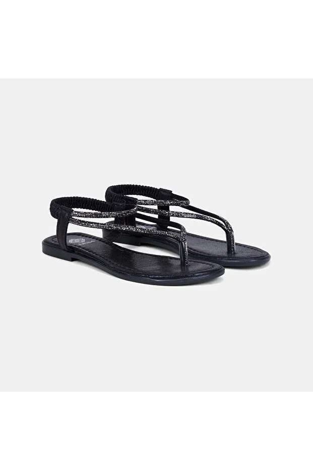 Women's Black Elastic Back Stone Detailed Thong Sandal