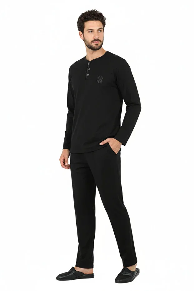 D'S Regular Fit Cotton Button-Collar Pajama Set 100% Pure Cotton Fabric BLACK