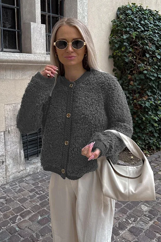 Anthracite Buttoned Bouclé Knit Cardigan MG1949
