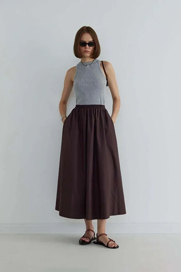 Suud Collection Brown Day Poplin Flared Skirt