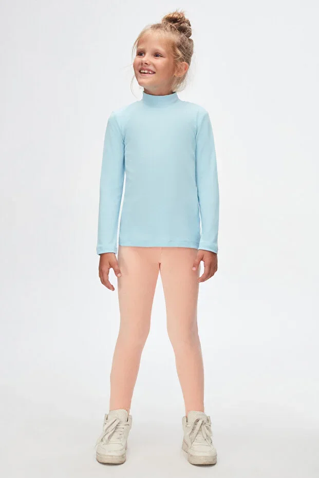 Baby Blue Basic Winter Half Turtleneck Long Sleeve Girl T-Shirt