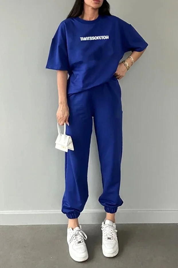 Thatssofetch T-shirt Sweatpants Jogger - Blue Print Top Bottom Tracksuit Oversize Round Neck