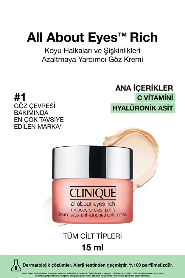 Clinique All About Eyes Rich™ Intensive Eye Cream with Hyaluronic Acid and Caffeine 15ml | Puffiness and Dark Circles