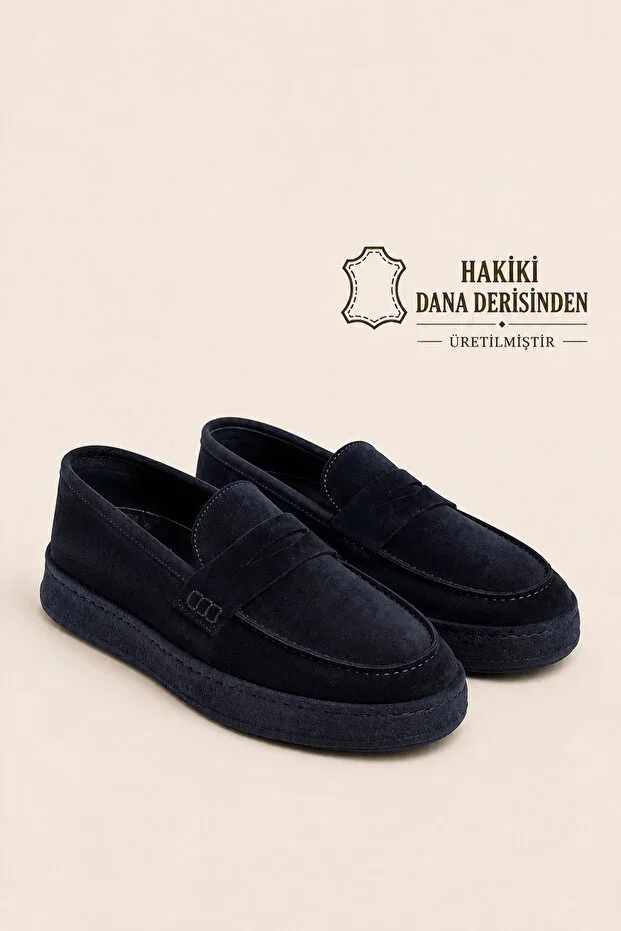 Men's Navy Blue Suede Loafer Genuine Calf Leather Inner Outer Leather Rubber Sole Daily Casual Shoes – Vene