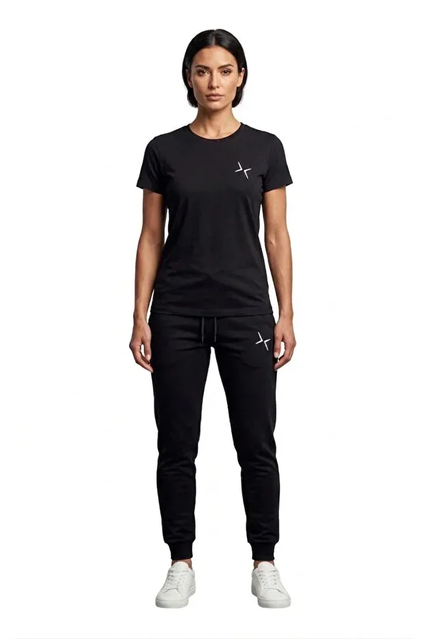Logo White Print Top Zero Neck T-shirt And Black Tracksuit Set