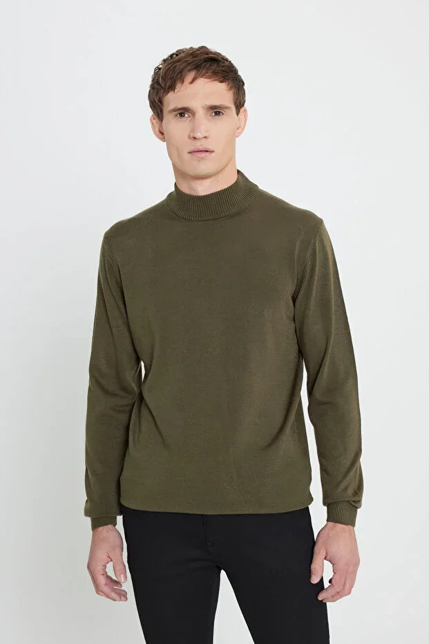 Khaki Standard Fit Half Turtleneck Sweater