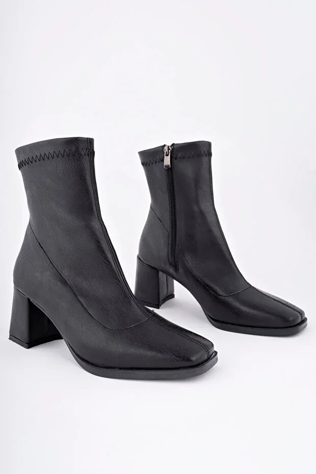 Women's Black Leather Square Toe Stiletto Boots