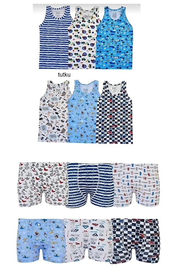 Men's Children's Set 6 Pieces Patterned Undershirt 6 Pieces Patterned Printed Boxer