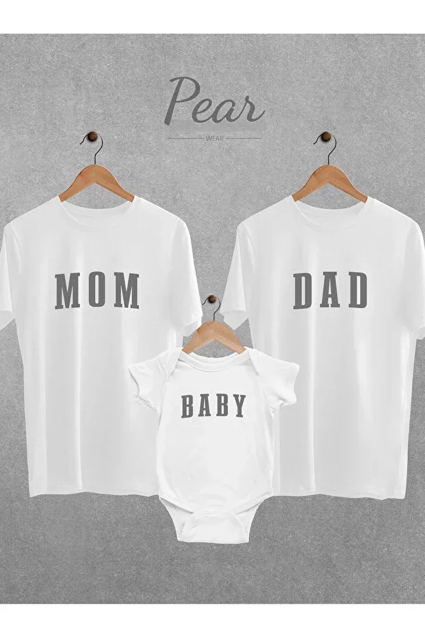 Mom Dad Baby Printed 3-Piece Set Gender Party Mother Father Baby Bodysuit Oversize T-shirt