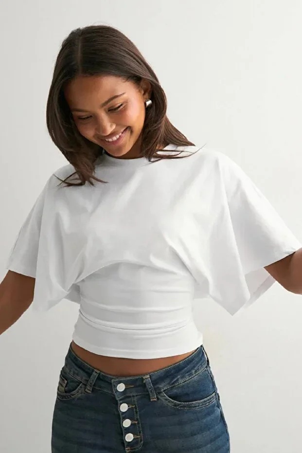 Cockatoo QLAY Women's Slim Fit Wide Sleeve Natural Viscose Blouse - Soft Textured Stylish Summer Round Neck