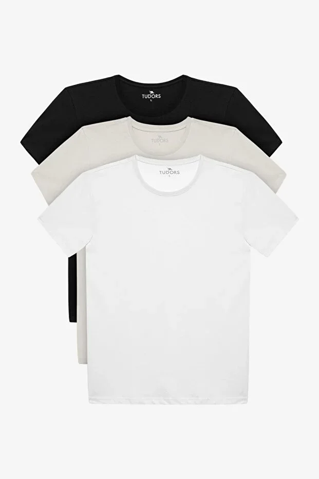 Unisex 3-Pack Black-White-Stone Color Slim Fit Crew Neck T-Shirt