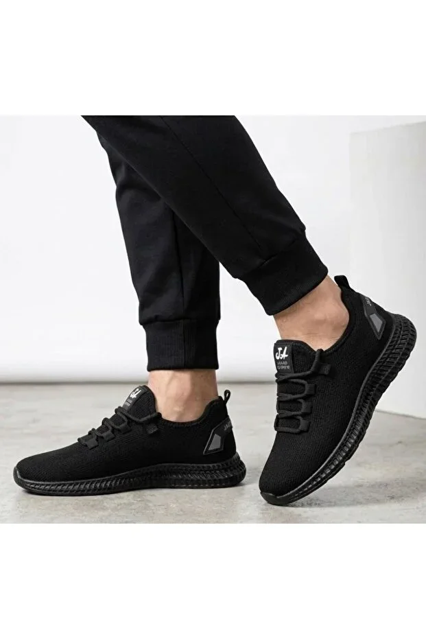 Unisex Black White Breathable Fabric Poly Sole Lace-Up Sports Shoes