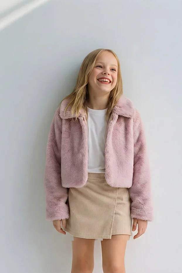 Girls Bolero Plush Jacket with Pearl Closure Long Sleeve Kids Jacket 2-13 Years