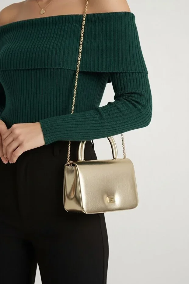 Classbag Chain Strap Shiny Gold Mini Box Model Women's Evening Bag - Hand and Shoulder Bag