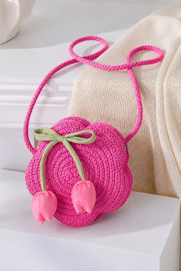 Minigimin Cicileri Tulip Detailed Straw Girl Child Mini Bag - Fuchsia