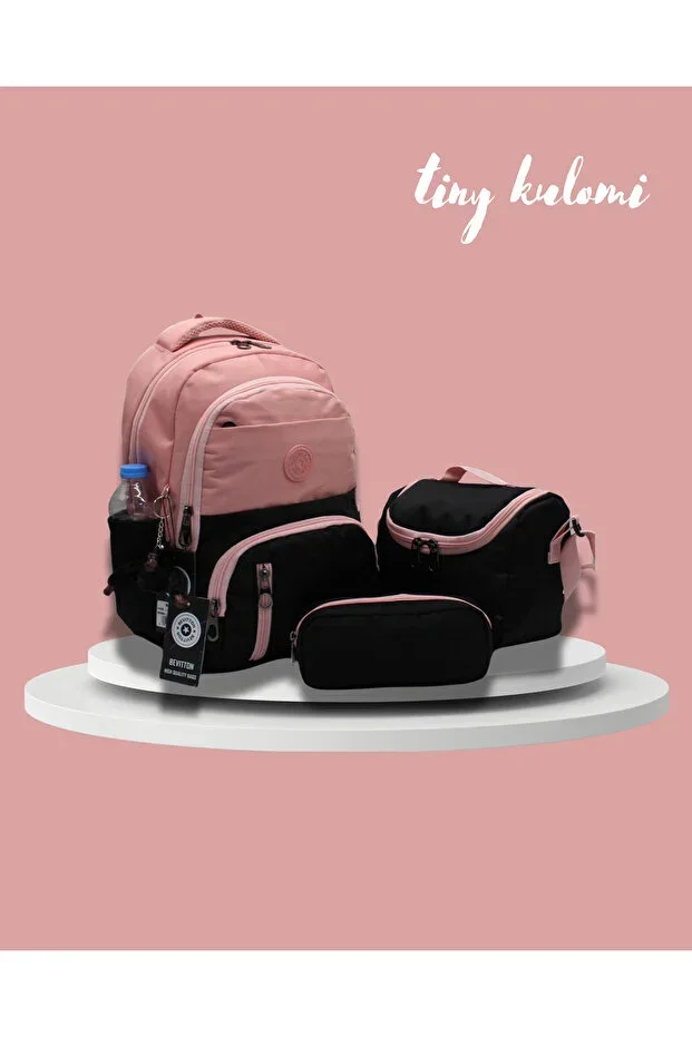 Simple Primary School Bag Plain Satin Fabric Waterproof Primary School Backpack 8010 Powder-Black