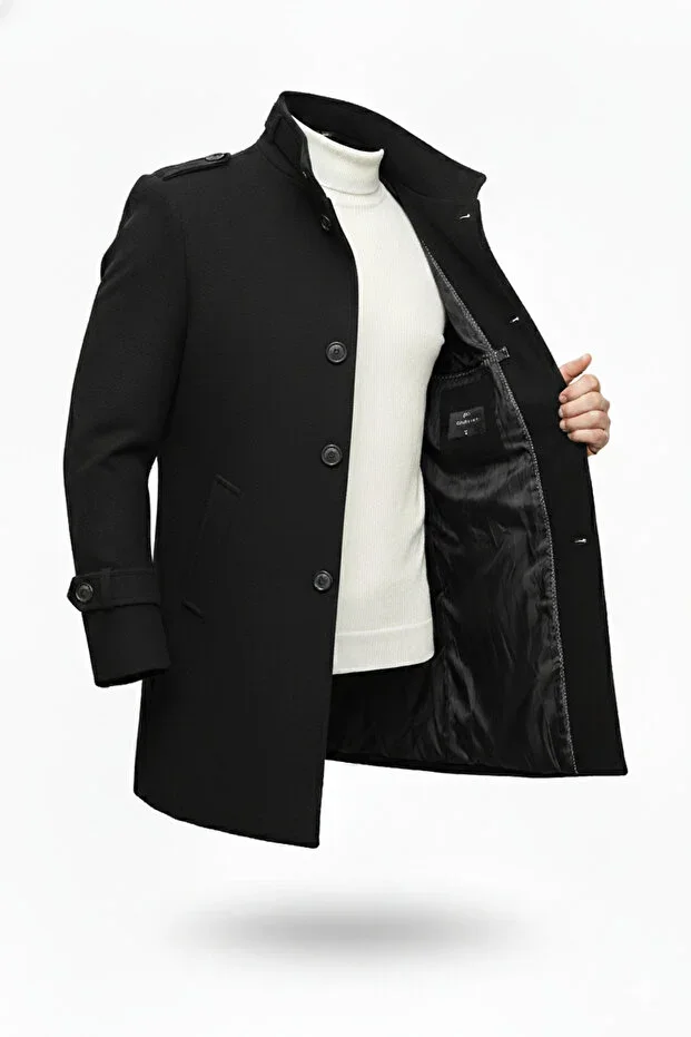 Men's Black Slim Fit Long Wool Coat
