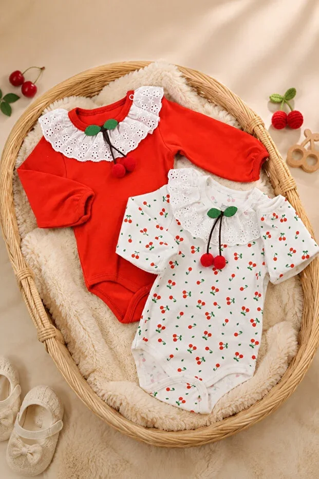 Baby Girl 100% Cotton Cherry Patterned Lace 2-Piece Long Sleeve Bodysuit