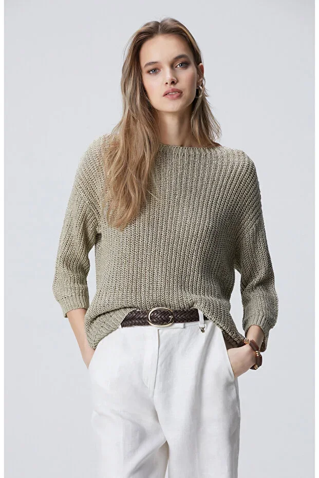 Light Khaki Boat Neck Knit Sweater