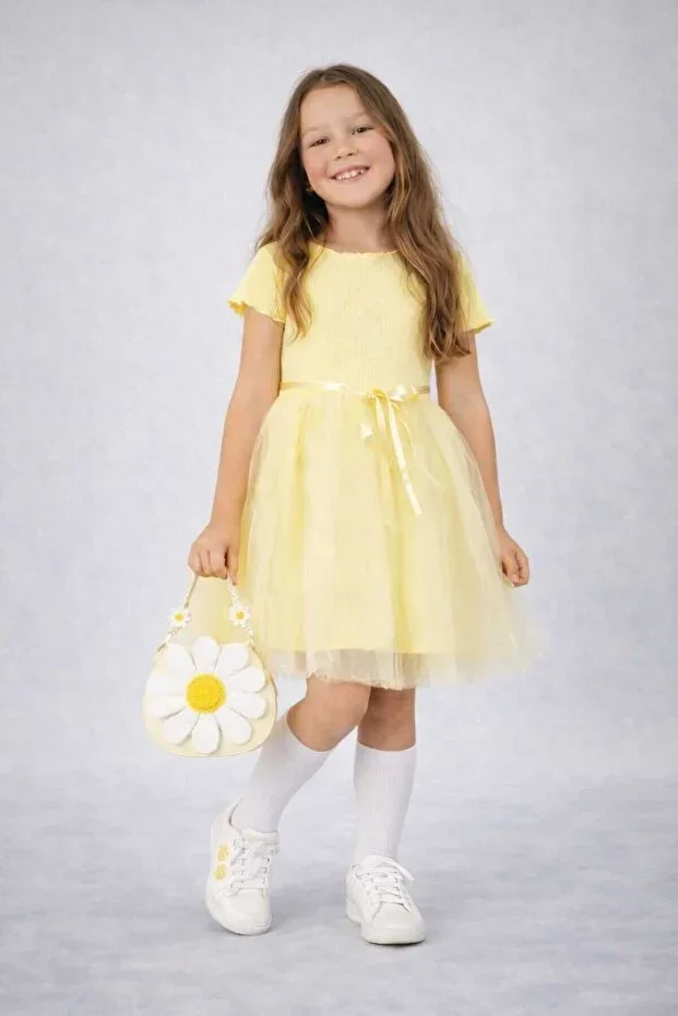 Tulle Plain Top Ribbed Bottom Lined Tutu Skirt Girls Princess Short Sleeve Dress