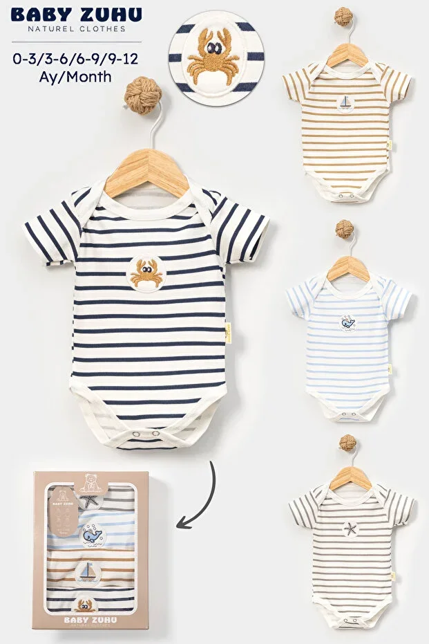 Boxed 4-piece striped embroidered snap bodysuit set