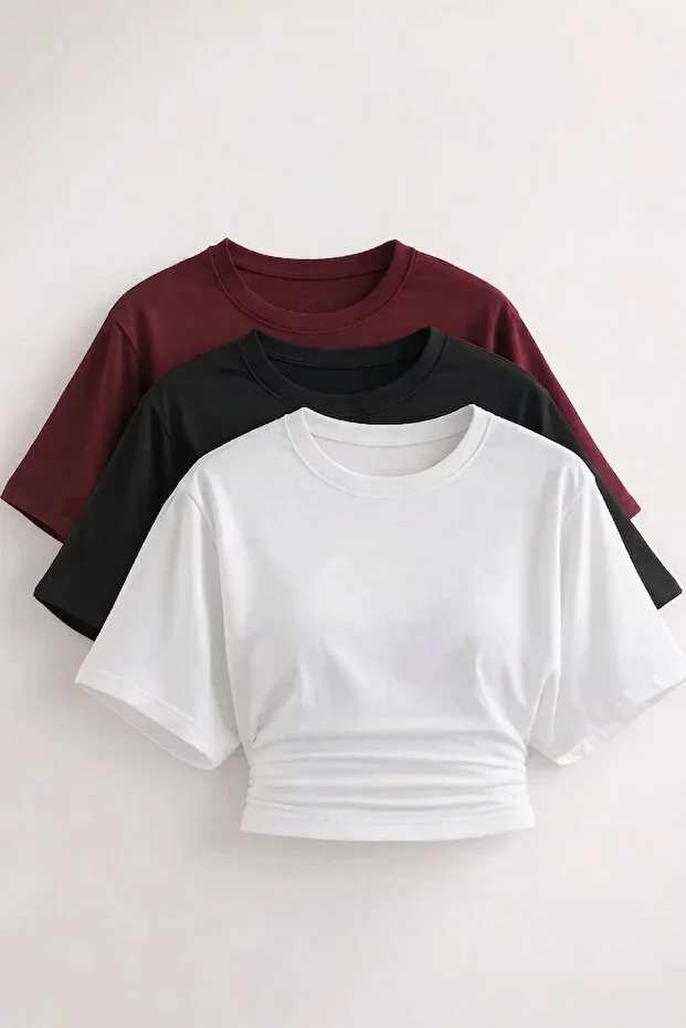 COMBİNE MİCHAİL Women's Batwing Sleeve Basic Slim 3 Piece Crop Blouse