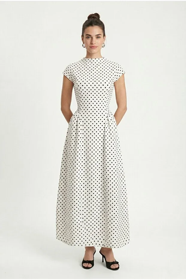 Ritnice Women Victoria Back Tie Polka Dot Long White Woven Dress