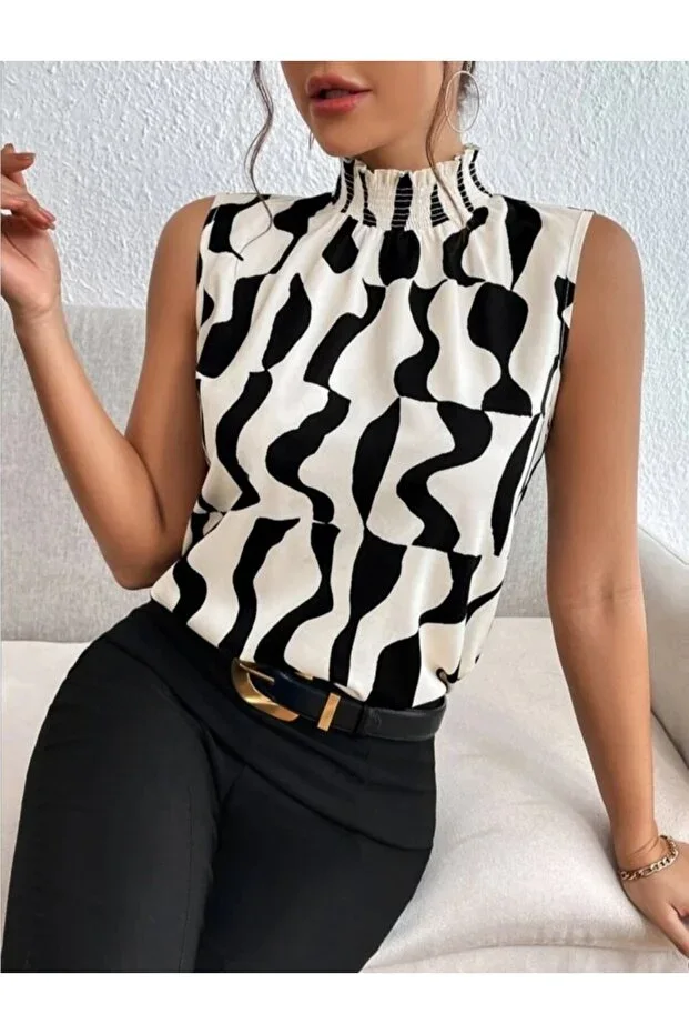 Modayakamoz New Season Women's Sleeveless Fisherman Neck Patterned Pique Blouse