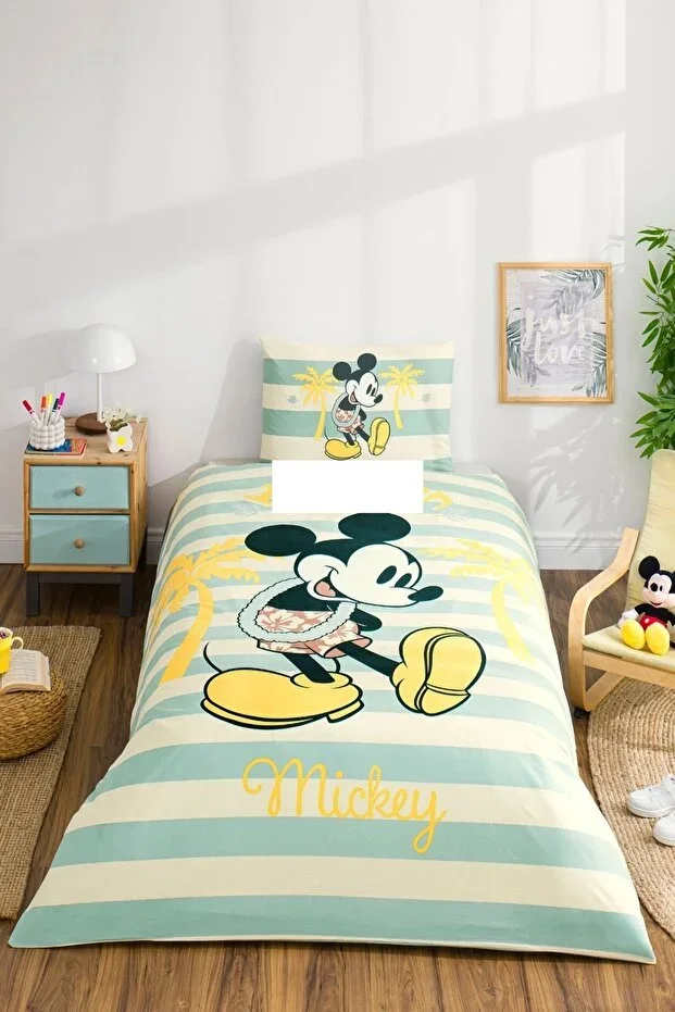 Licensed Fitted Sheet Single Children's Duvet Cover Set-Mickey Mouse Hawaii Mint