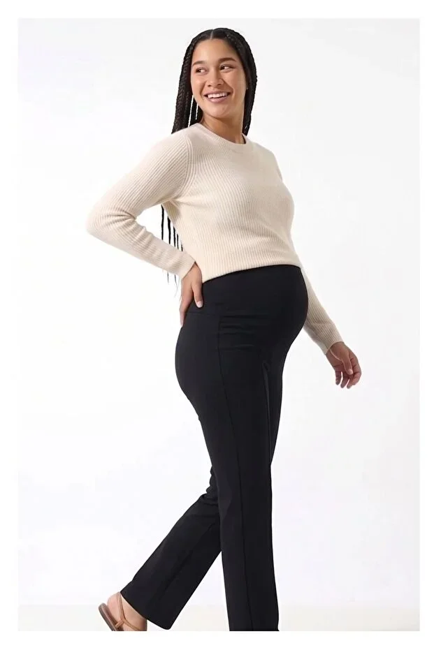Women's Black Diver Maternity Pants with Front Ribbing and Adjustable Waist, Comfortable & Stretchy