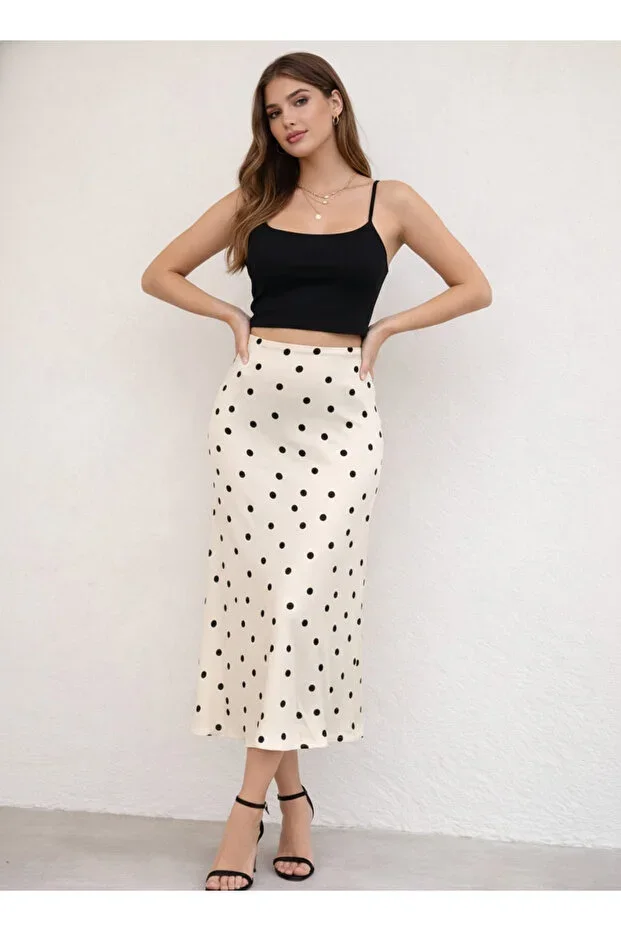 Hisleria Polka Dot Pattern Diagonal Viscose Satin Fabric Midi Skirt - Polka Dot on Cream Background