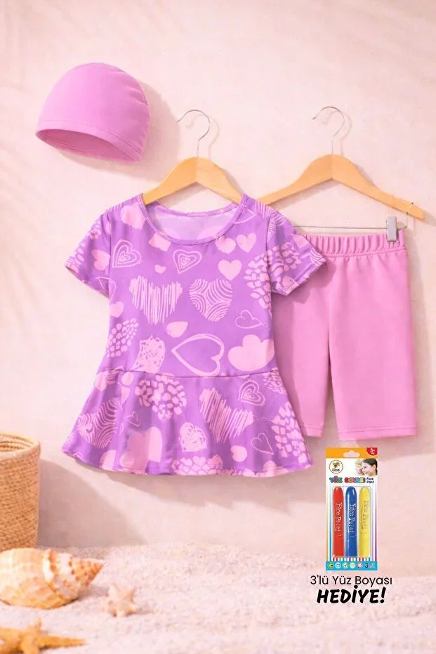 Heart Patterned Purple Girls' Swimsuit Set