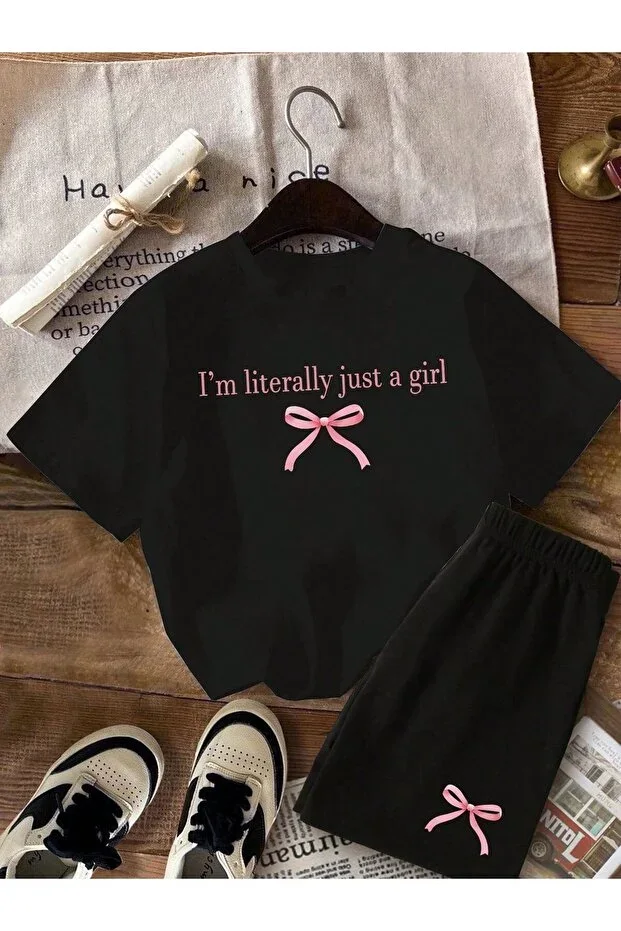 Summer I'm Pink Ribbon Printed Girls Black Top-Bottom Shorts T-Shirt Set