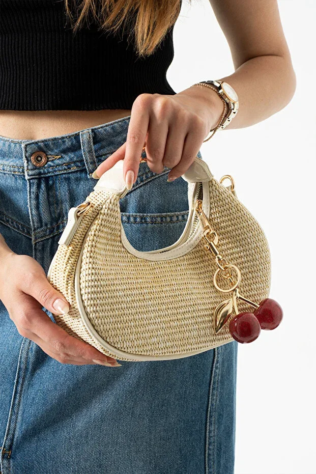 Miela Model Straw Cream Charm Gift Women's Handbag and Shoulder Bag