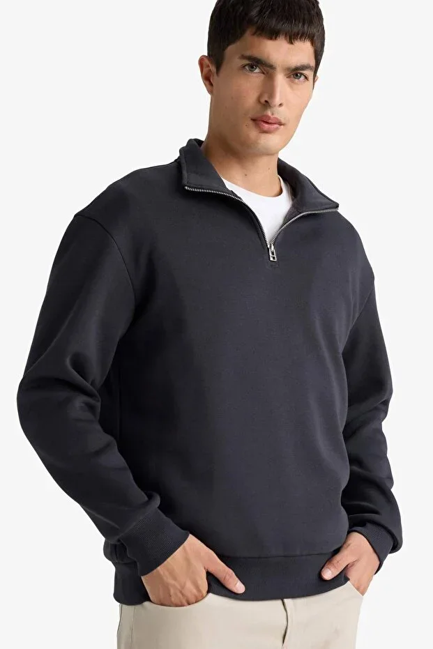 Comfort Regular Fit Zip-Up Stand-Up Collar Basic Plain Sweatshirt X7405AZ25SP