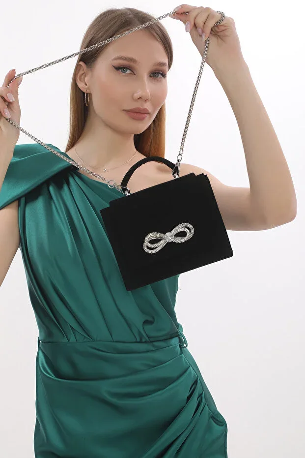 Black Nubuck Fabric Stone Detailed Magnetic Clasp Clutch Bag and Shoulder Bag W:17.5 Cm H:14 Cm