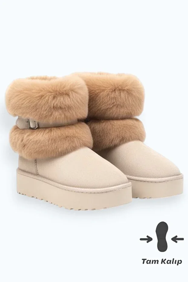 Women's Beige Suede Fur Lined High Thick Sole Winter Boots