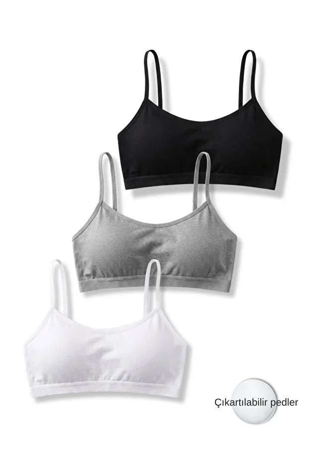 95% Cotton Girl Child Lycra Combed Thin Strap Padded Training Bra 3-Piece Set / Half Undershirt